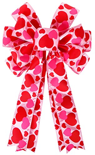 Valentine's Day Bows, Large Red Heart Printed Valentine's Day Wreath Bow Gift Bow Tree Topper for Valentine's Day Wedding Mother's Day Front Door Wreath Home Indoor Outdoor Decorations