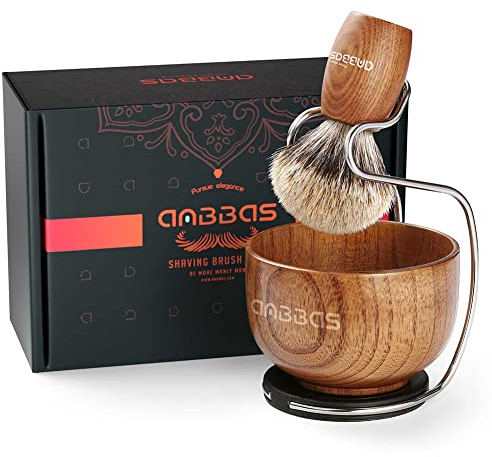 Anbbas Pennello da barba in puro tasso con manico in legno e grande ciotola per sapone con supporto da barba in acciaio inox, kit da barba 3 in 1 per uomo
