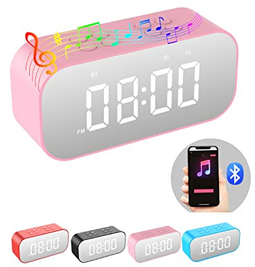 AFK Alarm Clock with Bluetooth Speaker for Bedroom,Small Digital Clock with Dual Alarms,Snooze,Mirror LED Display for Girls,Adults.