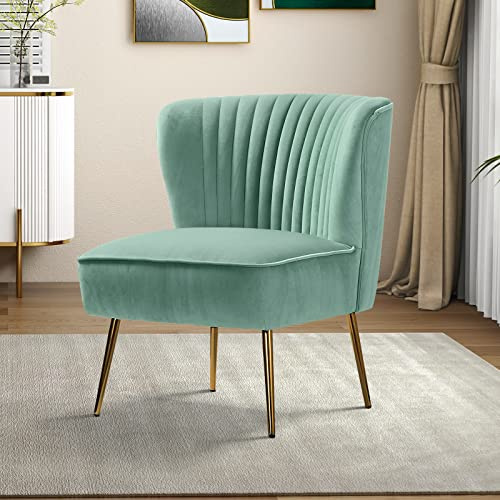 Tina's Home Velvet Armless Accent Chair, Upholstered Modern Small Side Chair with Golden Legs, Comfy Cute Wingback Slipper Chair for Living Room, Study, Beauty Room, Thickly Padded(SAGE)