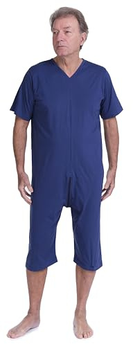 FERRUCCI COMFORT Pyjamas pour hommes atteints d'Alzheimer à manches courtes, combinaison grenouillère avec fermeture éclair au dos - 9078 MC PC - Pour incontinence, personnes âgées et démence, 100%