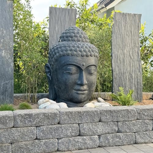 Oriental Galerie Buddha Kopf Figur Skulptur Stein Lavasand Bali Steinfigur Gartenfigur Buddhakopf Garten Deko 100 cm