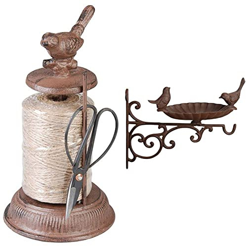 Esschert Design Garnspender, Schnurrhalter aus Gusseisen mit Schere, ca. 12 cm x 12 cm x 23 cm & Wandfutterschale Gußeisen, braun, 23.6x28.1x23.4 cm, FB163
