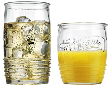 Glaver's Original Mason Set of 8 Drinking Glasses 4-20 Oz Highball Glasses, and 4-13 Oz Whiskey Glass Cups For Everyday Home Use Water, Beer, Juice, Cocktail.