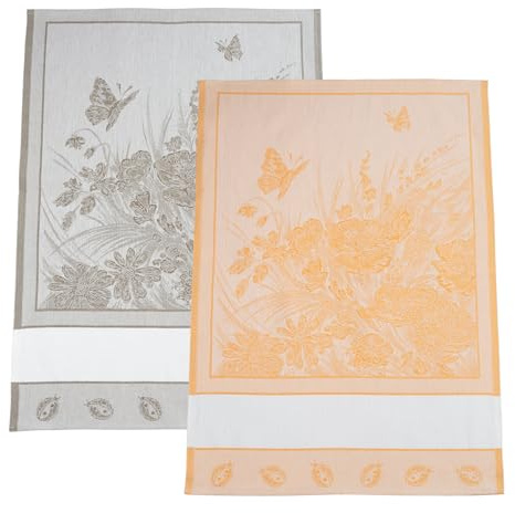 Filet - Set di 2 Canovacci per Cucina in Jacquard con Inserto in Tela Aida 55 Fori da Ricamare, Ideali per Asciugare le Stoviglie, Made in Italy, Disegno Fiori, Colore Giallo e Corda