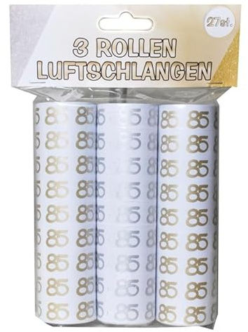 Udo Schmidt Luftschlangen 85 Geburtstag weiß Gold Silber, 3 Rollen