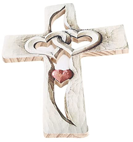Geschnitztes Holzkreuz, Langlebiges Handgeschnitztes Holzkreuz für die Wand, Ineinander Verschlungene Herzen Als Wandbehang, Handgeschnitztes Holzkreuz für Wohnzimmer, (rotes