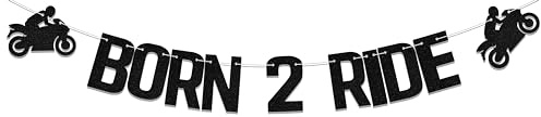KEWUFD Born 2 Ride Banner, Black, 2nd Birthday Party Decoration, Vehicle Theme Glitter Paper