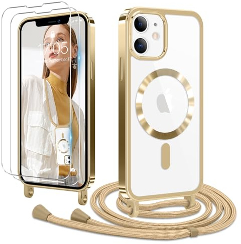 Ethanger Handyband für iPhone 12 iPhone 12 Pro Hülle mit Band + 2 Stück Glas Schutzfolie Transparent Silikon Handyhülle Magnetische Schutzhülle Case zum Umhängen für iPhone 12/12 Pro Gold