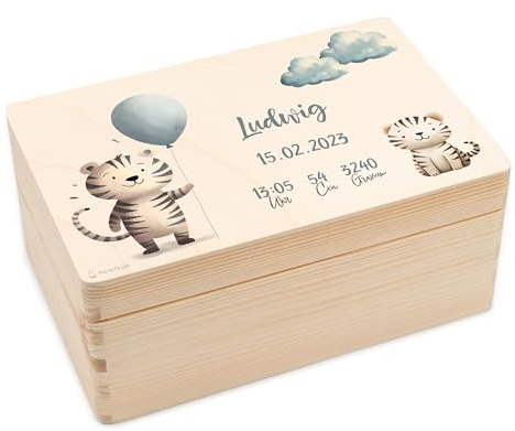 Geschenkfreude Baby Aufbewahrungsbox mit UV Druck - 30x20x14cm - Erinnerungsbox Baby personalisiert - Geschenk zur Geburt - Erinnerungsbox Kinder - Box - Holzkiste für Neugeborene