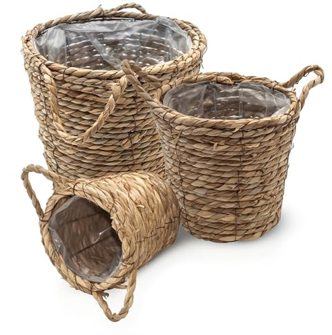 Spetebo Seegras Pflanzkorb 3er Set Natur - 25/20 / 15 cm - Pflanztopf mit Folie ausgekleidet - Deko Blumenkorb Blumentopf Flechtkorb Korbset mit Henkel für Zimmerpflanzen