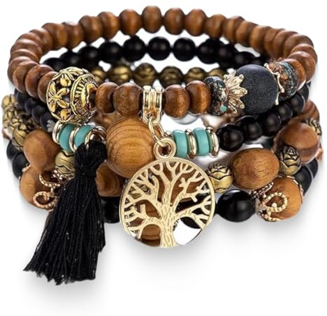 LICHUANUK Conjunto bohemio de 4 pulseras de cuentas de madera para mujer, patrón de árbol de la vida, cuentas de cristal, pulsera de cadena de mano hecha a mano para mujer y niña