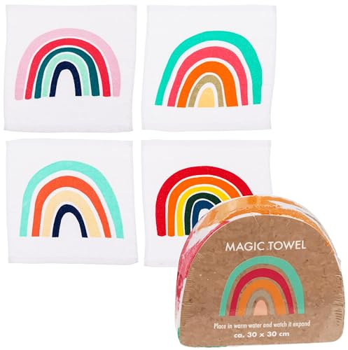 Set di 4 asciugamani magici in cotone arcobaleno – 30 x 30 cm – pensierino & idea regalo per compleanno bambini, viaggi, feste, 100% cotone, colori colorati, ideali per bambini e adulti