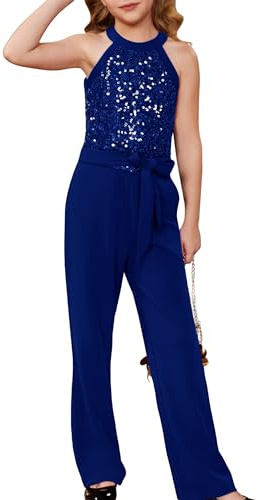 GRACE KARIN Mädchen Pailletten Hip Hop Tanzkostüm Street Dancewear Ärmellos Hohe Taille Ausgestellter Jumpsuit mit Gürtel Blau 10-12 Jahre