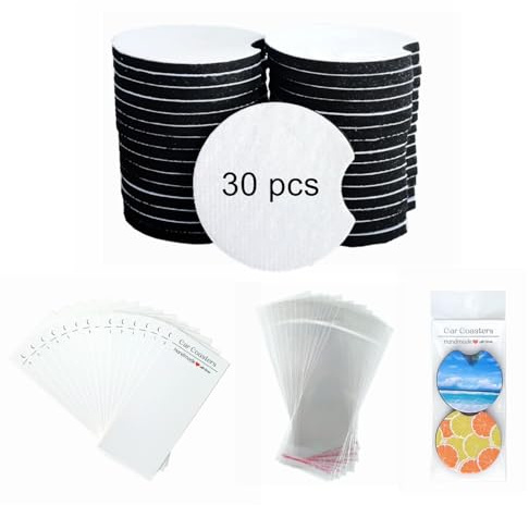 60PCS Sublimation Coasters Blanks, Round Car Coasters Sublimation Blanks Set, Car Coaster Packaging with Display Cards Bags, 2.75 Inch Blank Cup Mat for Sublimation Transfer Heat Press DIY Crafts