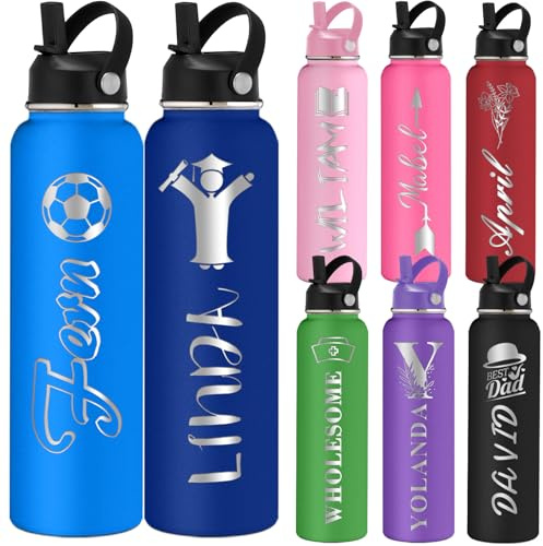 Botellas de Agua Personalizadas Niños con Nombre 350/500/700/950ml 1L con Asa y Pajita Botella Térmica Acero Inoxidable para Deportes Colegios Viajes Oficina Regalo Original