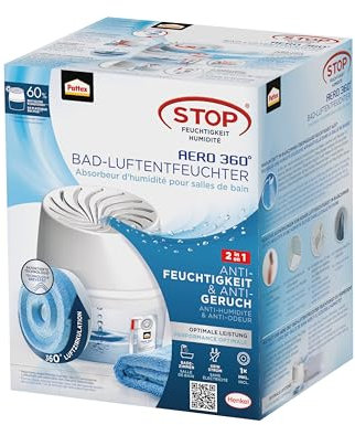 Pattex AERO 360° Déshumidificateur pour salle de bain, déshumidificateur pour une circulation efficace de l'air, 1 appareil avec 1 recharge