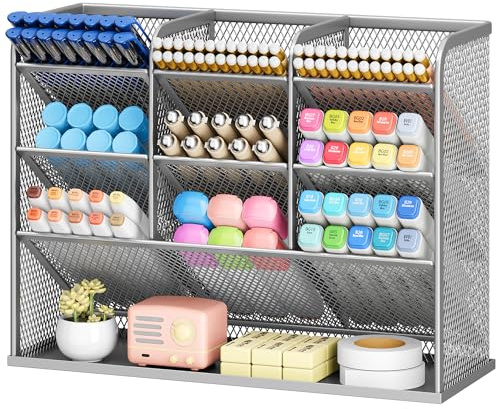 VITVITI Schreibtisch Organizer, 9 Fächer Stiftehalter, Netz Stifte Regal aus Metall, Stiftehalter Schreibtisch für Schule Heim Büro (Silber)