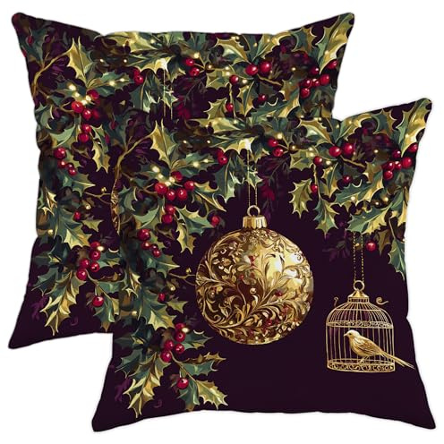 Federa per cuscino natalizia con agrifoglio, ornamento dorato e uccello, decorazione invernale in morbido velluto per casa, divano, camera da letto, soggiorno, 50 x 50 cm