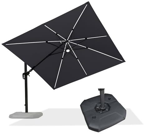 PURPLE LEAF Ampelschirm mit Ständer 300 × 300 cm LED Neigbar, Hellgrau | Solar-LED-Ambiente, 5 Neigungswinkel, 360° Flexibilität, Alu-Handgriff, 240g/㎡ Polyester, Rostfreier Alurahmen, Schirm Robust
