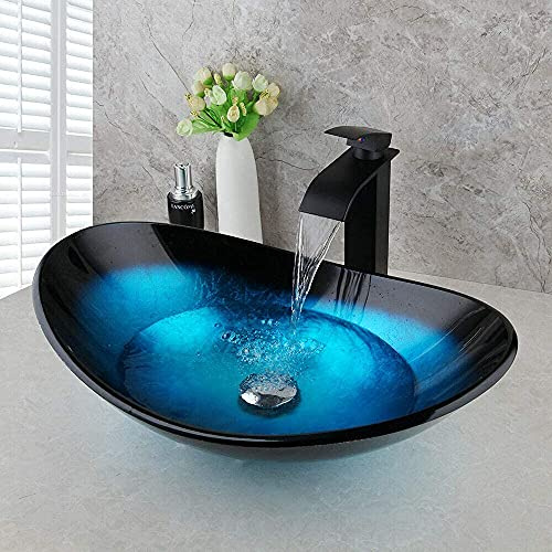 Moderno set di lavabi da bagno in vetro temperato con rubinetto dell'acqua, lavabo da appoggio in nero e blu, lavello stile barca con gocciolatoio d'acqua, elegante dispositivo da bagno