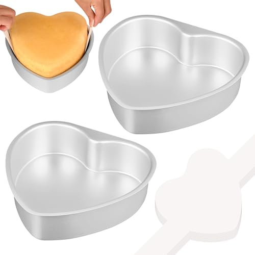 HUAKENER Set di 2 teglie per torte a forma di cuore da 20 cm, con 60 fogli di carta pergamena, antiaderenti, per cucina, compleanno, matrimonio