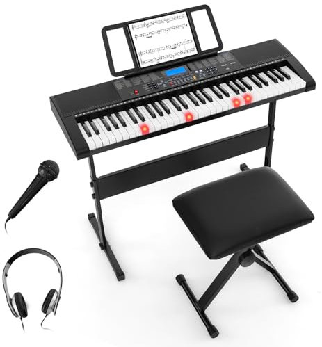 COSTWAY 61 Key Digital Piano Keyboard, Electric Piano with Stand, Bench, Light-up Keys, Headphone, Microphone, Built-In Speakers, Portable Keyboard for Beginners, Kids, Adults