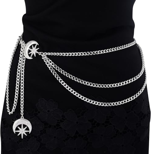 MILAKOO Y2K Multilayer Waist Chain Belts Bling Shiny Rhinestone Moon & Star Chunky Belt for Jeans