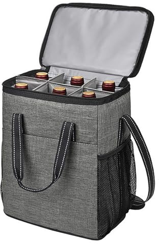Bolsa enfriadora de vino de viaje para 6 botellas, aislada, a prueba de fugas, bolsa de vino gruesa para viajes, camping y picnic (gris)