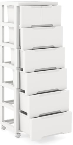 GOPLUS Carro de Almacenamiento de Plástico con Cajones, Mueble Organizador Móvil con 4 Ruedas Universales, Contenedor de Almacenamiento Vertical para Dormitorio, Oficina (Blanco, 6 Cajones)