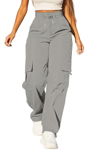Cargo Pants For Women UK High Waist Combat Trousers With Multiple Pockets Solid Color Drawstring Tracksuit Bottoms Baggy Lightweight Wide Leg Trousers Ladies Casual Jogging Pants Hiking Walking