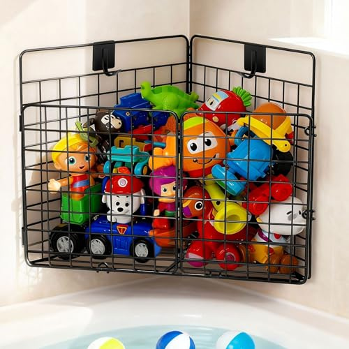 Greentainer Badewannenspielzeug Aufbewahrung-Badespielzeug Organize Aufbewahrungskorb mit 2 Selbstklebend Haken,1pcs Faltbarer Badespielzeug Aufbewahrungskorb für Spielzeug,Toilettenartikeln-Dreieckig