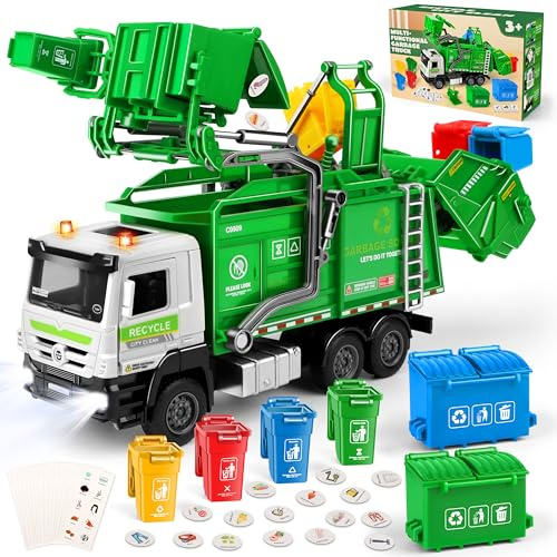 Charmofun Camion Spazzatura, Camion dei Rifiuti con 6 bidoni della spazzatura, 180 Carte del Rifiuto, Luci e Suoni, Camions Immondizia Regalo per Bambini e Bambine 3+
