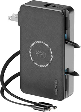 myCharge RetractaCharger 10000mAh Portable Charger Power Bank with 28-Inch Retractable USB-C & Lightning Cables | Qi Wireless Charging | Built-in Wall Plug | Premium Fabric | Digital Display