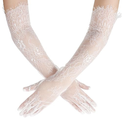Women's Long Lace Floral Gloves, Elegant Floral Mesh Tulle Sheer Elbow Length Glove Bridal Wedding Glove Opera Party Costume Gloves for Wedding Engagement Cocktail Cosplay Masquerade (White)