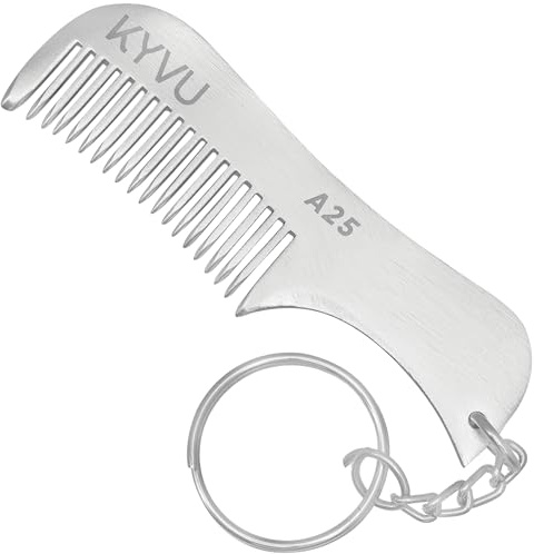 KYVU A25 mustasch och skäggkam med nyckelring – handgjord fickkam för män – 7,5 cm – aluminium 6163 klass, silverfinish, resevänlig design