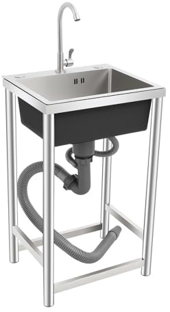 Freestanding Single Bowl Utility Sink Commercial Restaurant Kitchen Sink Set w/360° Swivel Faucet, Stainless Steel Sink for Home Dorm Garage Bathroom, Laundry Slop Sink