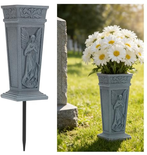 INTERWARM 2Pcs Cemetery Flowers Vase, Angel Carving Cemetery Vase Memorial Grave Vases Resin Flowers Holder for Headstone Mausoleums Garden Lawn Yard Outdoor Decorations, Gray