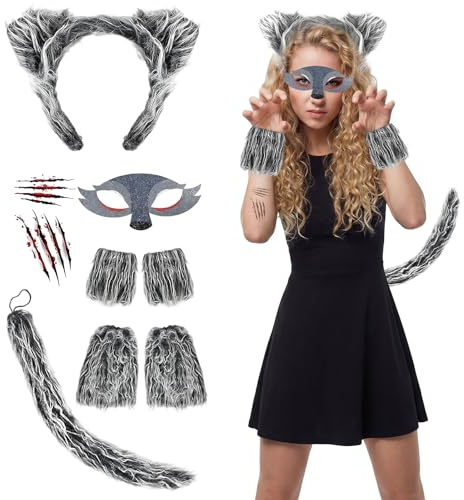 Atomvia 8 Stück Lockiges Wolf Kostüm Zubehör Set Wolfsohren Haarreif, Schwanz, Maske, Handschuhe, Beinstulpen & Aufkleber, Furry Werwolf Cosplay Kostüm für Erwachsene, Halloween & Karneval