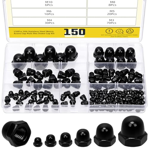 Mardatt 150 Stück M3 M4 M5 M6 M8 M10 Hutmuttern Edelstahl, Schwarz Sechskant Hutmutter hohe Form Set, mit Aufbewahrungsbox