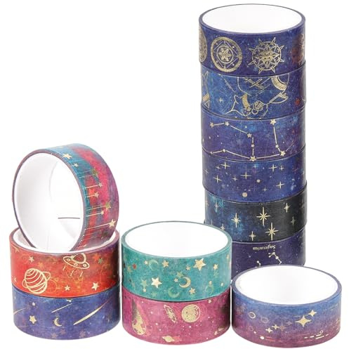 MAGICLULU Lot de 12 Rubans Adhésifs Washi Décoratifs à Thème Étoile, Fin et Autocollant, pour Scrapbooking, Journaux, Agendas et Loisirs Créatifs, Adhésif Artisanal Polyvalent pour