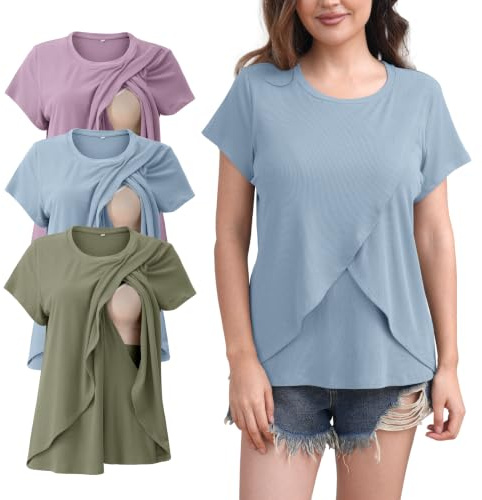SUNNYBUY Pack de 3 camisetas de lactancia para mujer, de manga corta, con doble capa de acceso lateral para embarazo y lactancia, Vila/Polvo/Verde Salvia, M