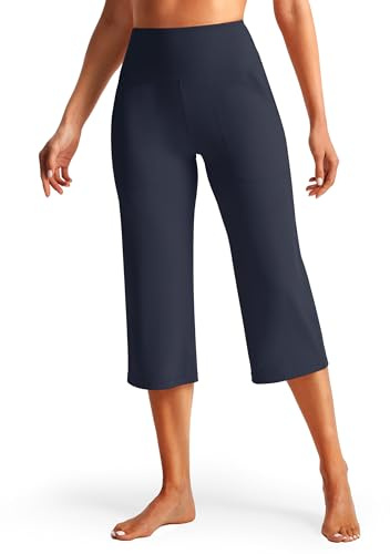 Libin Leggings 3/4 Sportivi Estivi Capri da Donna Vita Alta, per Yoga, Sport, Casual, con Gamba Larga, per Allenamento, Pantaloni da Palestra con Tasche, Blu Marino XL
