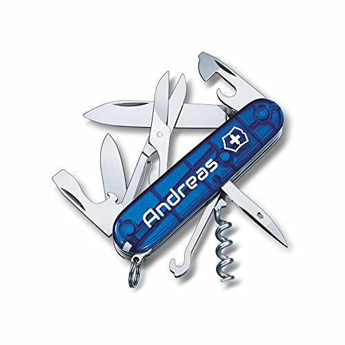 Taschenmesser CLIMBER mit Wunschdruck auf der Schale I Geschenk für Männer Frauen I zum Geburtstag I Schweizer Taschenmesser personalisiert mit 14 Funktionen 1.3703 (blau transparent)