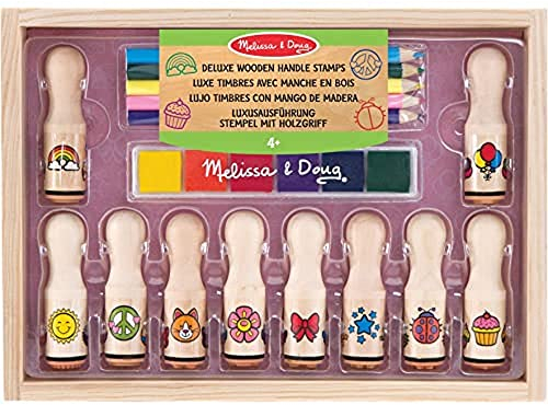 Melissa & Doug Wooden Handle Stamp Set with Colouring Pencils for Children, Arts and Crafts for Kids Age 4+, Toys for Boys & Girls Gifts, Kids Art Set Gift for 4 Year Old