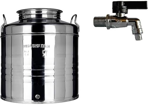 Megashopitalia Contenitore Bidone Fusto per Olio in Acciaio Inox 15 30 50 Litri Made in Italy con Guarnizione per Il Tappo e Rubinetto da 1/2 Pollice Incluso (15 Litri)