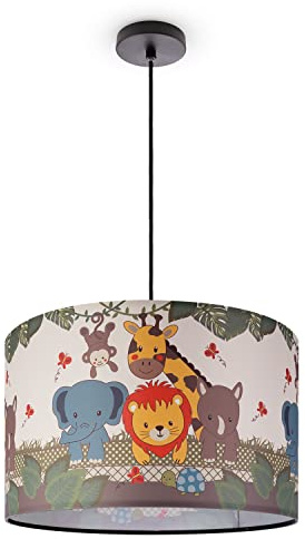 Paco Home Hängelampe Pendellampe Mädchen Junge Kinderzimmer Deckenlampe Stoff Lampenschirm Dschungel Tiere E27 1,5m Textilkabel Kürzbar Dino Löwe Zoo