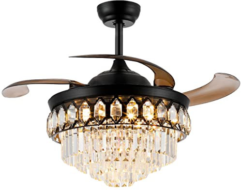 42″ Black Chandelier Ceiling Fan with Light and APP/Remote Control, Retractable Fandelier Ceiling Fan with LED Color Dimming 6-Speed Silent Crystal for Bedroom Living Room