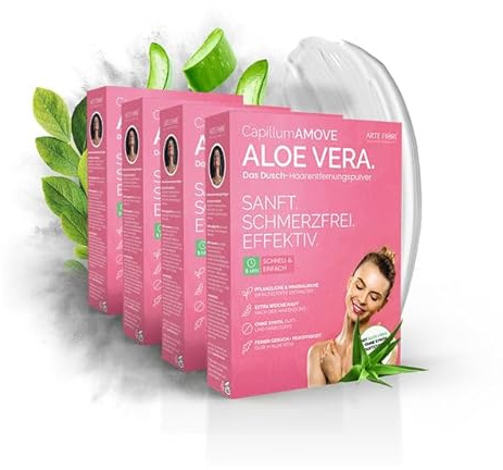 Capillum AMOVE Aloe Vera 4x300g Premium Enthaarungscreme Intimbereich Frau - sanftes Enthaarungspulver Frauen schmerzfreie Dusch-Intim Enthaarungscreme Frauen ohne Zusatzstoffe mit neutralem Geruch