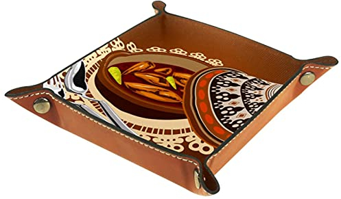 Plateau de jeux de dés à rouler pliant Plateaux à bijoux carrés en cuir et montre, clé, pièce de monnaie, boîte de rangement de bonbons Tajine de poulet Sambal servi avec pot d'olives